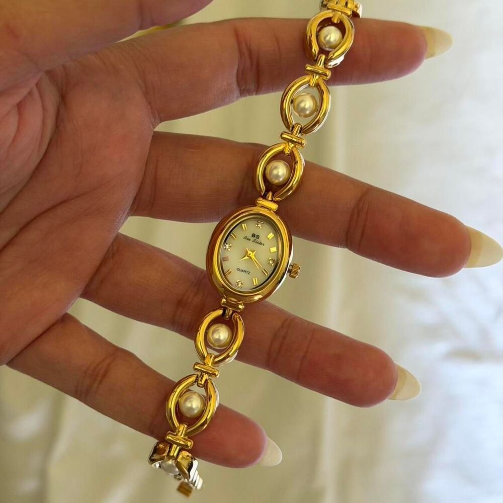 Vintage Inspired Gold Tone Pearl Oval Quartz Bracelet Watch